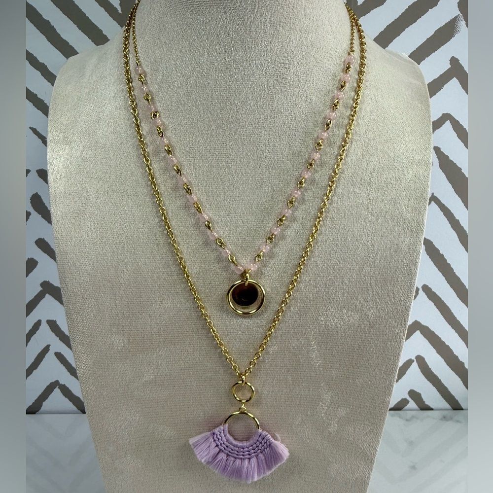 NWT J Crew Double Tassel Necklace Lavender & Gold